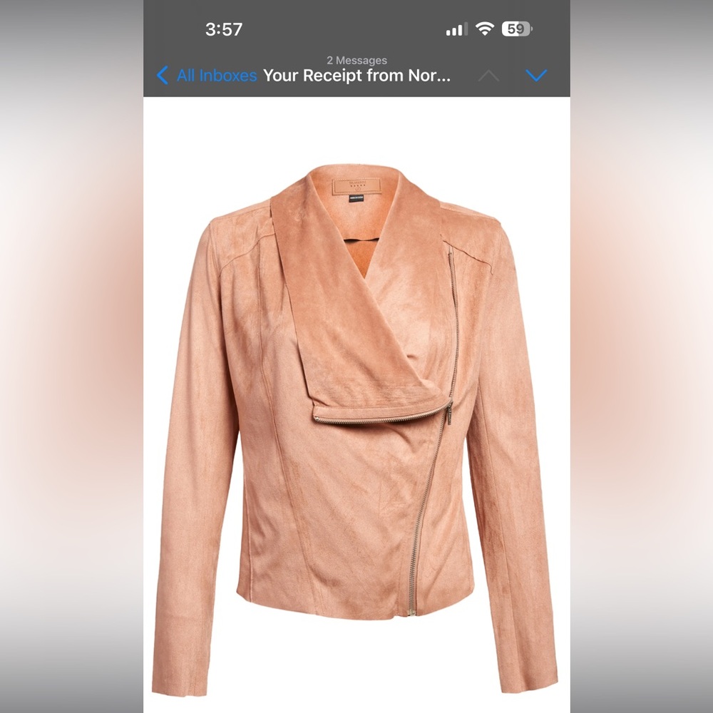 BLANKNYC Cognac Faux Suede Drape Front Jacket